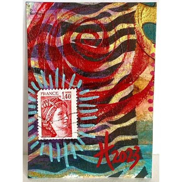 ACEO Original Acrylic Painting France Postage Stamp Art Tristina Dietz Elmes ATC - Picture 2 of 3